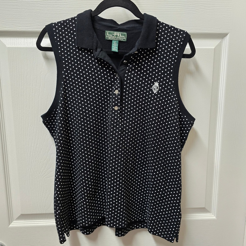 Lauren Active Ralph Lauren Womens XL Sleeveless Polo Shirt Polka Dot Black White